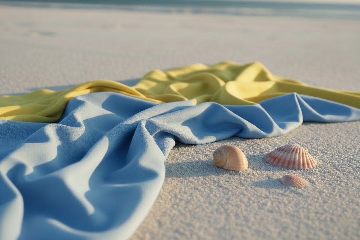 Sky Blue and Yellow Fabric on Sand